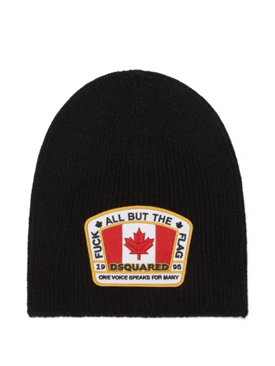 Dsquared2 Knit Beanie With Rectangular Logo Patch In Black