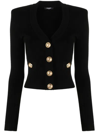 Balmain Structured Shoulder Black V-neck Cardigan With Decorative Buttons In Black