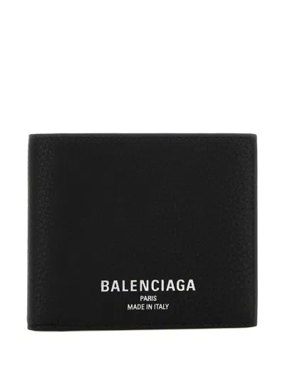 Balenciaga Men Black Bi-fold Wallet With Logo Lettering On The Front In Grained Leather Man In Black