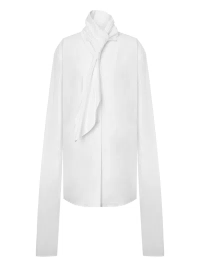 Alberta Ferretti Long Sleeve Collarless Shirt With Scarf Detail In White