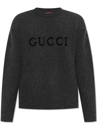Gucci Grey Crewneck Sweater With Logo Lettering Embroidery On The Front In Wool Man In Black