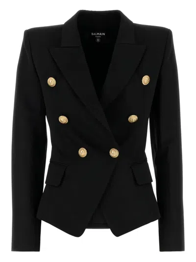 Balmain Double-breasted Grain De Poudre Wool Blazer In Black
