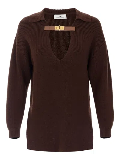Elisabetta Franchi Sweater In Mixed Wool With A Jewel Strap In Brown