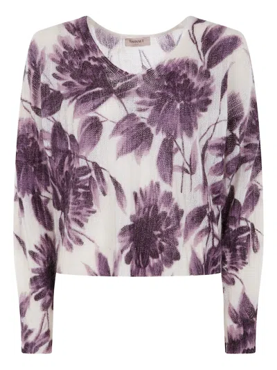 Twinset Twin-set Cropped Sweater With Floral Pattern And Textured Finish In Purple
