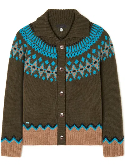 Alanui Olive Green Fair Isle Patterned Cardigan In Brown