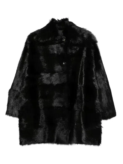 Alberta Ferretti Fur Texture High Collar Knee Length Jacket In Black
