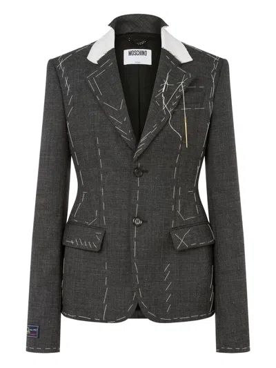 Moschino Embroidered Wool Canvas Jacket With Notch Lapel In Gray