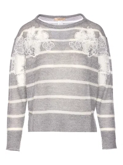 Twinset Twin-set Relaxed Grey Knit Sweater With Floral Embroidery In Gray