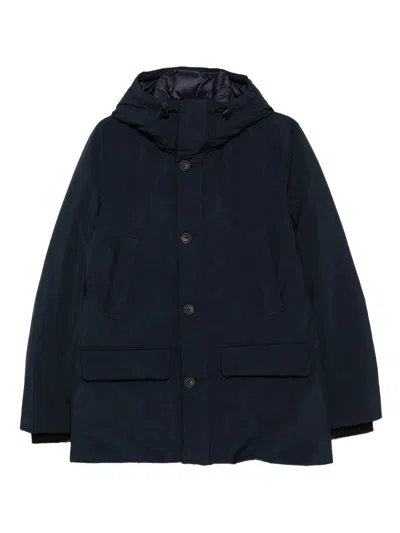 Woolrich Relaxed-fit Hooded Coat With Button Closure And Multiple Pockets In Blue
