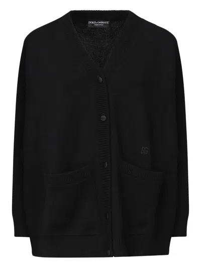 Dolce & Gabbana V-neck Cardigan With Front Pockets And Ribbed Cuffs In Black