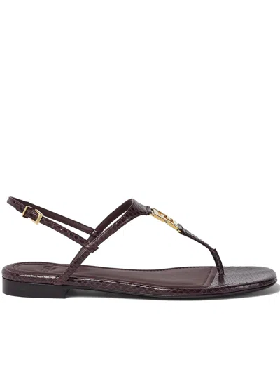 Fendi Ffoldo Python Leather Sandals With Adjustable Ankle Strap In Brown