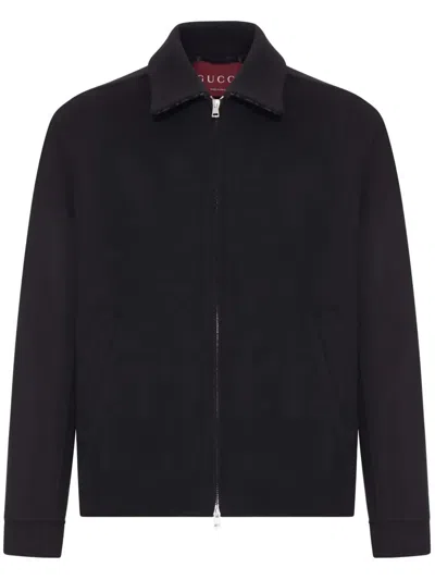 Gucci Men Black Jacket With Classic Collar And Web Motif On The Waist In Cotton Man