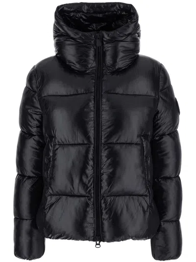 Save The Duck Biddy Black Down Jacket With Hood And Logo Patch On The Sleeve In Tech Fabric Man In Black