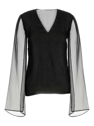 Alberta Ferretti Sheer-sleeve Silk Blouse In Black