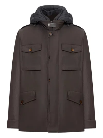 Moorer Isac Hooded Wool Field Jacket In Brown