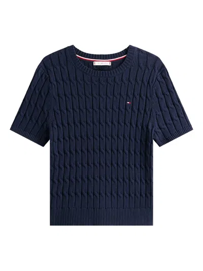 Tommy Hilfiger Short Sleeve Cable Knit Crew Top In Blue