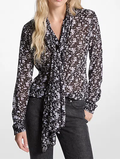 Michael Kors Floral Print Georgette Tie-neck Blouse In Black