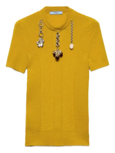 Prada Short Sleeve Wool Sweater With Charms In Yellow