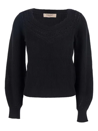 Twinset Black Sweater With Embroidered Collar And Elastic Cuffs In Wool And Cotton Woman In Black