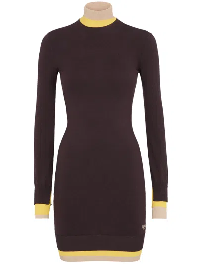 Fendi Short Fitted Pink Wool Dress In Brown