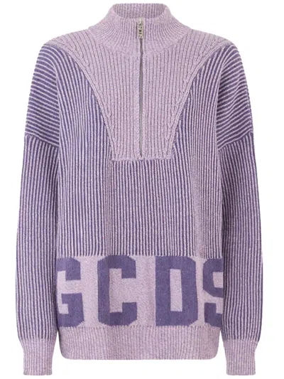 Gcds Ribbed Low Logo Half Zip Sweater In Purple