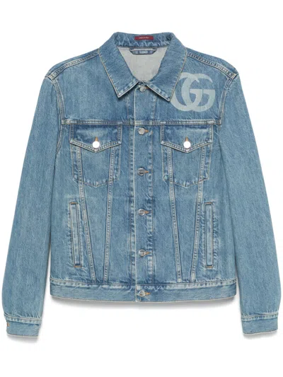 Gucci Light Blue Jacket With Gg Logo Print On The Front In Denim Man In Black
