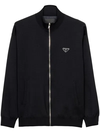 Prada Mens Black Superfine Triangle-logo Wool Knitted Cardigan In Black