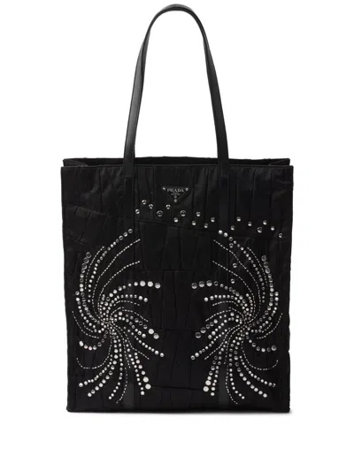 Prada Patch Embroidered Quilted Tote Bag In Black