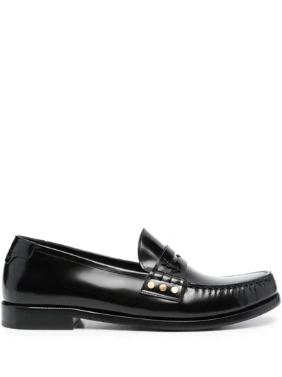 Saint Laurent Leather Fringed Loafers With Metal Studs In Black