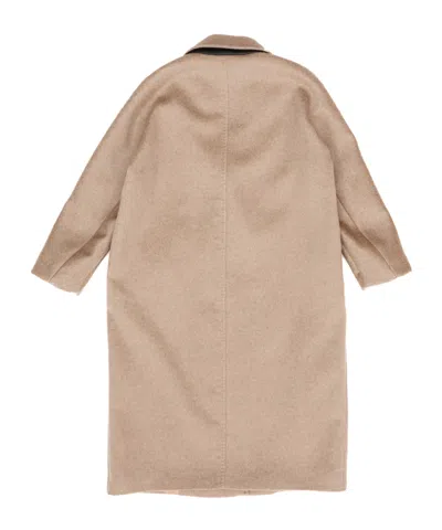 Max Mara Longline Double-breasted Coat Featuring Leather Undercollar In Brown