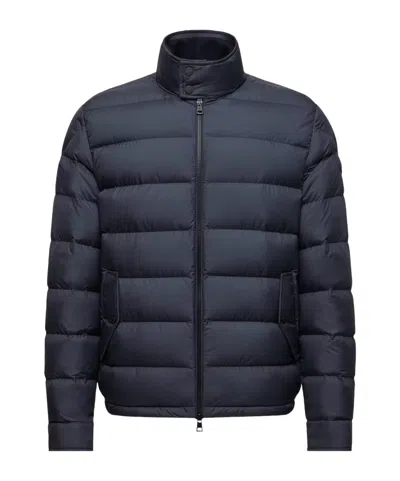 Moncler Quilted Down Jacket With High Collar And Logo Patch In Blue