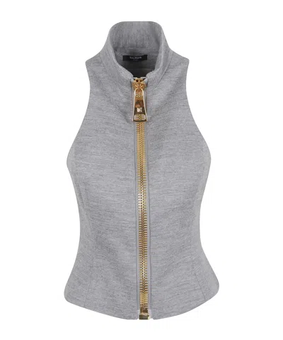 Balmain Fitted High Neck Sleeveless Wool Blend Top In Brown