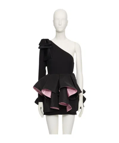 Valentino One-shoulder Long-sleeve Ruffle Mini Dress In Black