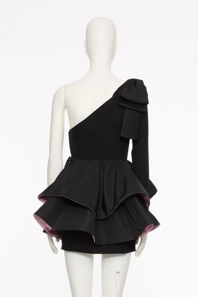 Valentino One-shoulder Long-sleeve Ruffle Mini Dress In Black