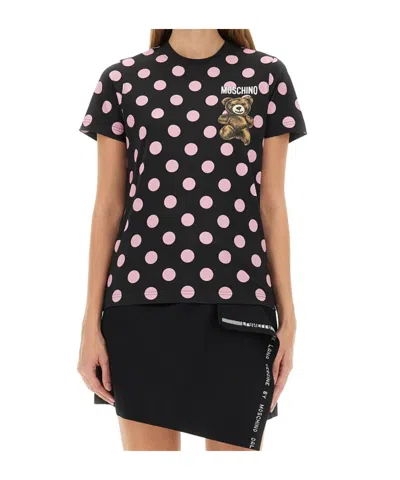 Moschino Graphic Print Polka Dot Crew Neck Top In Black