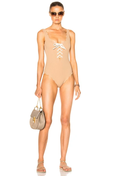 Shop Marysia Palm Springs Tie Swimsuit In Tan & White