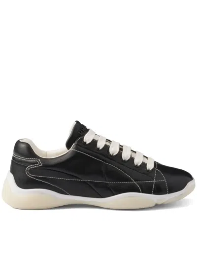 Prada Handcrafted Leather Sneakers Geometric Stitching In Black