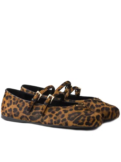 Prada Printed Leather Ballet Flats In Brown
