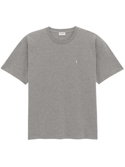 Saint Laurent Grey Crewneck T-shirt With Cassandre Embroidery In Cotton Man In Gray