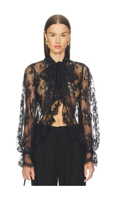 Retroféte Tamsin Black Blouse With Maxi Bow On The Front And All-over Lace Embroidery In Tech Fabric Woman In Black