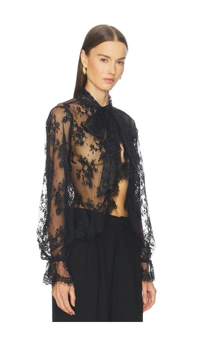 Retroféte Tamsin Black Blouse With Maxi Bow On The Front And All-over Lace Embroidery In Tech Fabric Woman In Black