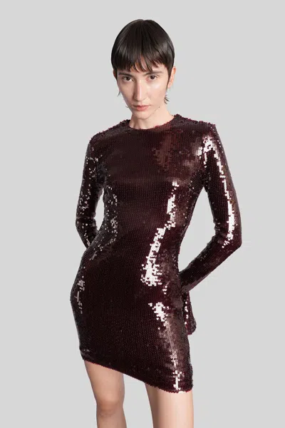 Rotate Birger Christensen Bordeaux Sequin Crewneck Mini Dress With Flared Sleeves In Tech Fabric Stretch Woman In Brown