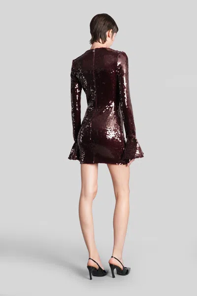Rotate Birger Christensen Bordeaux Sequin Crewneck Mini Dress With Flared Sleeves In Tech Fabric Stretch Woman In Brown