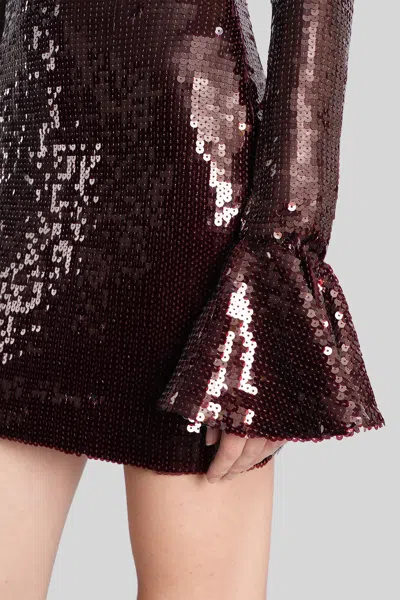 Rotate Birger Christensen Bordeaux Sequin Crewneck Mini Dress With Flared Sleeves In Tech Fabric Stretch Woman In Brown