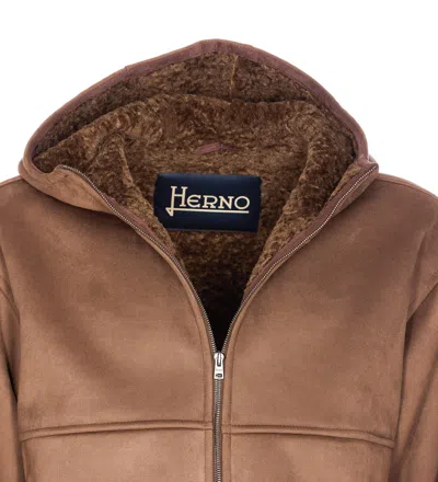 Herno Hooded Jacket With Front Pockets And Sleeves In Brown