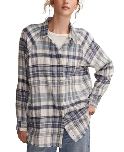 Lucky Brand Frayed Plaid Button-up Tunic Shirt In Blue