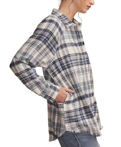 Lucky Brand Frayed Plaid Button-up Tunic Shirt In Blue