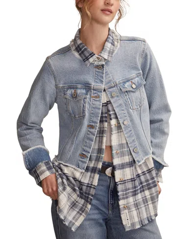 Lucky Brand Frayed Plaid Button-up Tunic Shirt In Blue