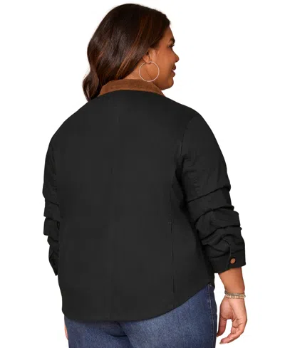 Democracy Plus Size 3/4-ruched Sleeve Button Front Jacket In Black
