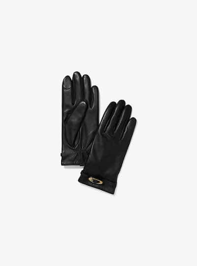 Michael Kors Buckle Leather Gloves In Black